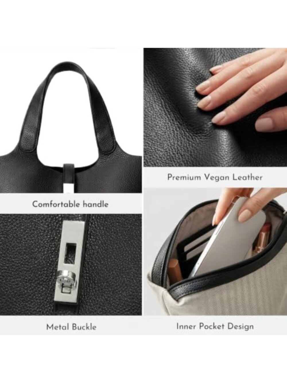 Stylish Vegan Leather Tote Bag for Women - Bucket Handbag with Detachable Purse - Picture 4 of 6